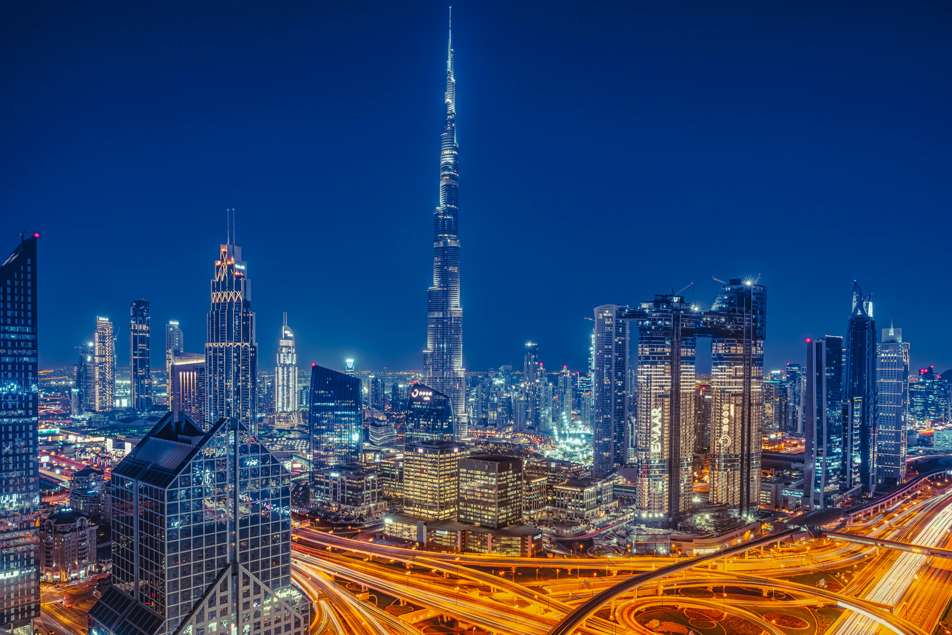 View of the Burj Khalifa and Downtown Dubai at night