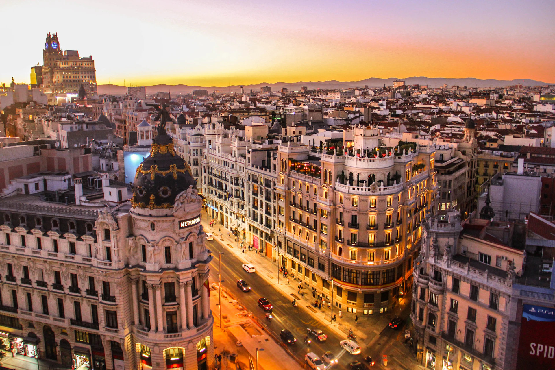 View of central Madrid with Gran Vía traffic at evening